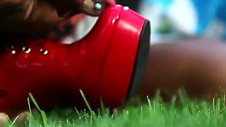 A blonde in red boots dominates a man by bewitching him
