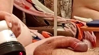 Mother-in-law Massages Cock and Balls, Then Sucks Cock and Gets a Mouthful of Cum