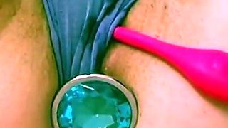 Pretty purple panties gets soaked when baby-girl thinks of sugar-daddy