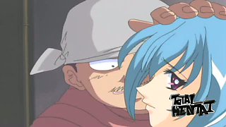 Purple haired buxom hentai babe gets nailed doggy by tuxedo stud