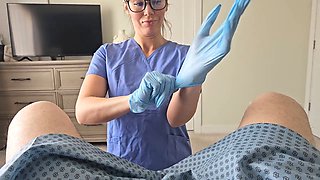Gloved nurse gives prostate exam and keeps going with a handjob until he releases