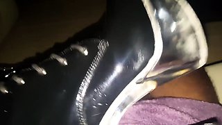 Wild amateur babe in black boots teases and pleases a cock