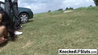 Knocked up slut takes care of a cock outdoors