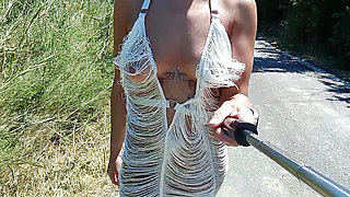 stepdaughter flashes her tits and pussy in a transparent lace dress