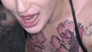 Wild Tattooed Whores Taking All the Cum From a Group of Cocks