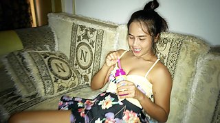 Blowing bubbles with my horny Thai wife and sex on video after