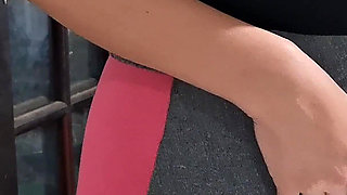 Masturbating Her Camel Toe on the Table with the Neighbor's Help.