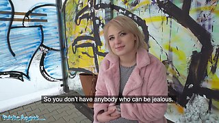 Short hair blonde amateur teen with soft natural body picked up as bus stop