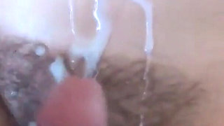 Two Big Cumshots on Latina Stepmom's Hairy Pussy, Big Cock Handjobs