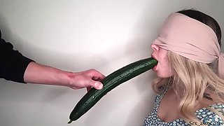 Blindfolded dumb step sister tricked into sucking my dick and swallowing cum with the taste game