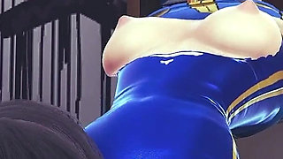 Chun Li Street Fighter 6 - Sexy Cosplay Anime Girl in Blue Latex Costume Gets Her Pussy Licked Through Tight Pants with Orgasm