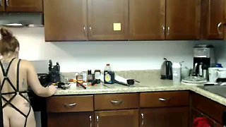 Red head squirt in the kitchen