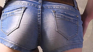 Sexy MILF in Tight Denim Shorts Flashing White Thong Whale Tail