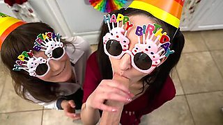Birthday blowjob party with wet MILF stepmom and naughty teen stepsister