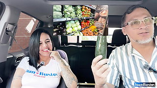 Ana Black shoves a big cucumber up her pussy until she cums in the car - Juan Bustos ROAD