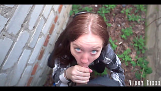 Real Fast Risky Blowjob Behind the Garages. Cummed Mouth Full and Made Her Swallow