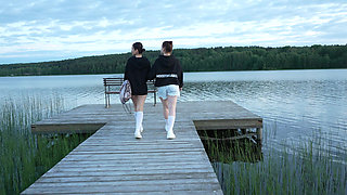 Two Girls Took Their Clothes off on the Lake. a Passing Surfer Had Sex in the Open Air