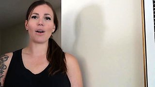 Busty curly brunette with big boobs fucks on couch