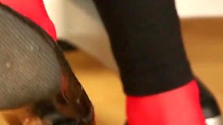 Red Stockings & Stiletto Footplay Under Leggings