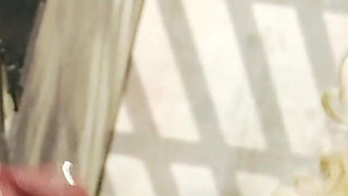 Busty babe with big boobs touching her tight pussy on this cock to get aroused