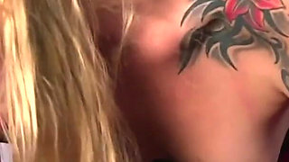 Blonde tattooed & small titted MILF in lingerie and gloves sucks and fucks this dude but gently