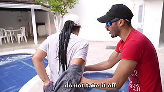 Busty brunette latina gets hired as pool attendant but something goes wrong