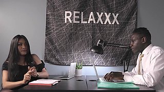 Gorgeous Asian chick Polly Pons pleasures cocky black dude in the office