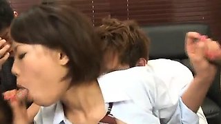 Miku Misato in school uniform gets cocks deepthroat and cum
