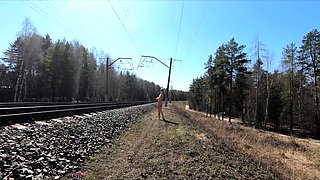 Exhibitionist Blonde Walks Around the Railway Station Naked