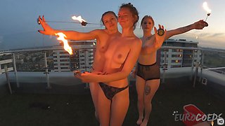 Hot Naked Models Dancing With Fire At Rooftop Penthouse Rooftop Rebeka Ruby Melonie And Lea