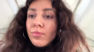 Slutty Russian brunette got some cum on her face by a stranger in a train
