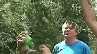 Old couple convince a young brunette to fuck with them in the woods