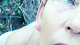 Skinny granny goes for a walk with her step grandson and fucks in the bushes