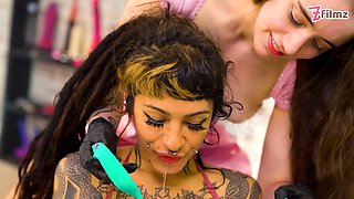 Tattooed Latex Queens Spit & Roast Their Slave