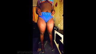 Big Ass Ebony Trying on Blue Bikini Set