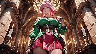 Hentai Vixen Deep Squats Teasingly Beneath Giant Magic Array in Green Battle Gear Stretched Tight