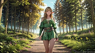 Green Elf in the Forest Secret! Kneeling gaze under dappled sunlight, a dreamy tease with fingertips touching her lips.