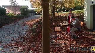 Sexy blonde MILF with huge milkers seduces a younger guy to ride his cock and satisfy her cravings