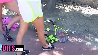 Best friends - horny tennis coach elevates his students' mini skirts and screws their humid cunts on the field