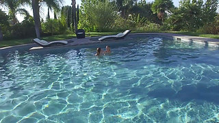 Brunette Babe Rides Hard Cock Outdoors by Pool