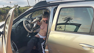 Naked Busty Blonde Walks by Car on Public Road