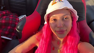 Town Slut Flashes Perky Boobs in Convertible on the Highway