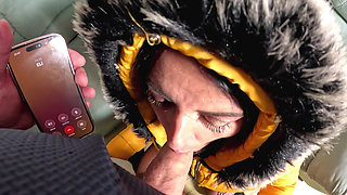 Smoking Phone Call Downjacket. Noisy Hooded Blowjob and Cum on My Coat