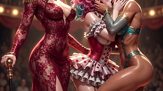 Anime circus strip ring leader clown and acrobat sexy circus show