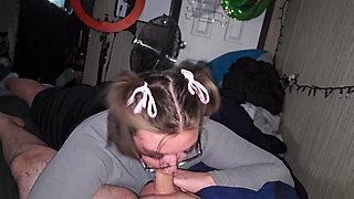 Gave Him Sexy Blowjob with Bows in My Hair and Swallowed