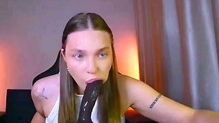 Brunette Teen Deepthroats Massive Black Dildo Live on Stream