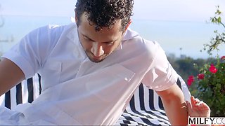 Redheaded Hoe Rides Big Latin Cock By The Pool