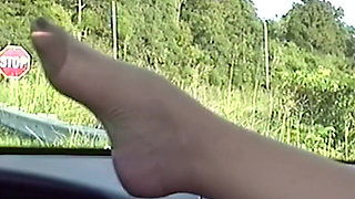 Real Amateur Homemade Stepaunty Wears Nylon Stockings Shows Arches & Huge Tits in Car
