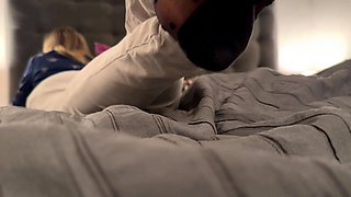 Busty brunette foot fetish and footjob in nylons