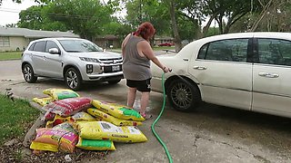 Hot Mature BBW Redhead Nurse Vicki Washes Her Car!